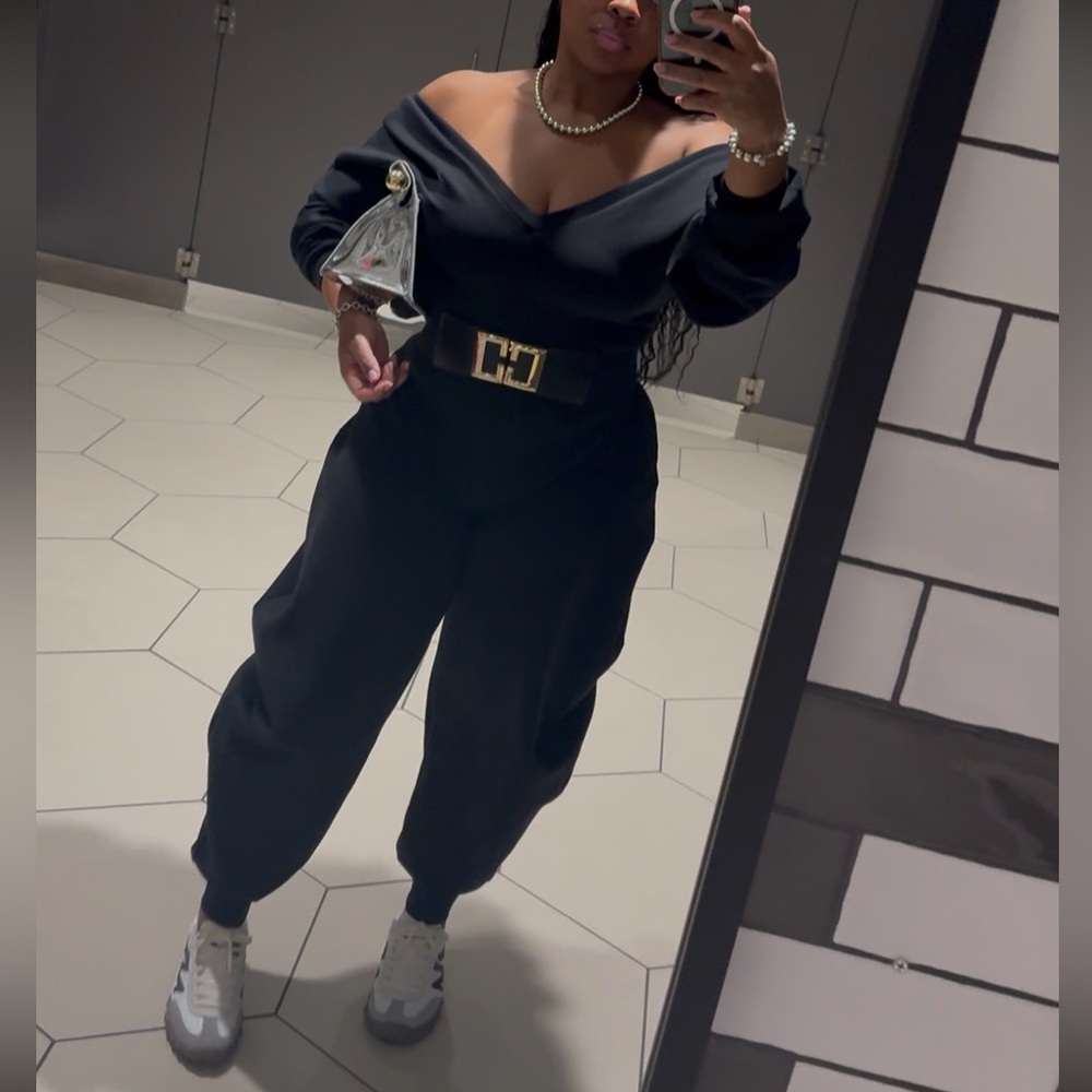 Off-Shoulder Black Jogger Jumpsuit - Picture 4 of 9